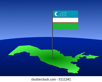 map of Uzbekistan and their flag on pole illustration