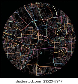 Map of Vadodara, Gujarat with all major and minor roads, railways and waterways. Colorful line art on black background.