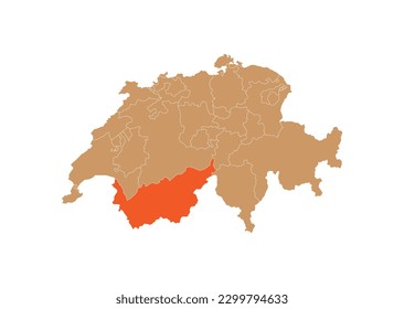 Karte des Wallis auf der Karte der Schweiz. Karte des Wallis, die die Grenzen des Kantons Wallis auf der Karte der Schweiz hervorhebt
