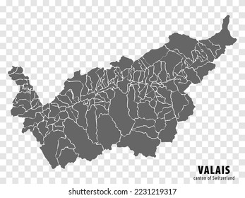 Map Valais on transparent background. Canton Valais map with  districts  in gray for your design. Switzerland. EPS10.