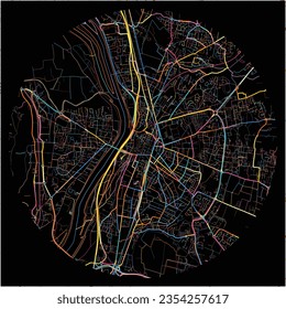 Map of Valence, Drôme with all major and minor roads, railways and waterways. Colorful line art on black background.