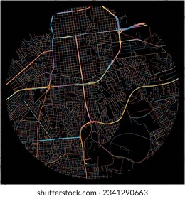 Map of Valencia with all major and minor roads, railways and waterways. Colorful line art on black background.