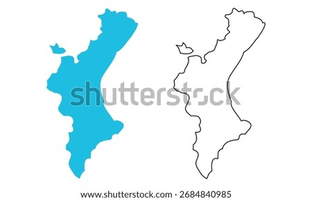 map of Valencia autonomous community of Spain. Map with detailed outlines and blue silhouettes