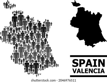 Map of Valencia Province for demographics propaganda. Vector demographics collage. Mosaic map of Valencia Province made of social elements. Demographic scheme in dark grey color hues.