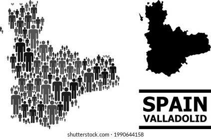 Map of Valladolid Province for demographics purposes. Vector demographics collage. Concept map of Valladolid Province designed of crowd pictograms. Demographic concept in dark grey color hues.