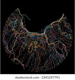 Map of Valparaiso with all major and minor roads, railways and waterways. Colorful line art on black background.