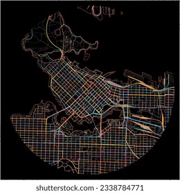Map of Vancouver, British Columbia with all major and minor roads, railways and waterways. Colorful line art on black background.