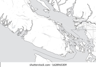 Map of Vancouver Island (Nanaimo, Victoria, Tofino) and Greater Vancouver. Canada, British Columbia. Touristic map. Simple grey scale map without text. Shapes are optimized for better readability.  