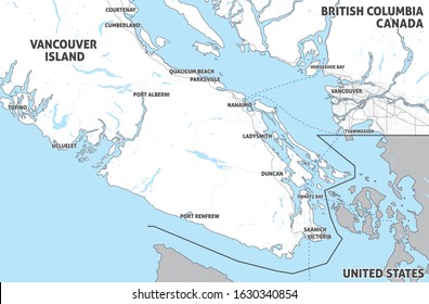 Map of Vancouver Island (Nanaimo, Victoria, Tofino) and Greater Vancouver. Canada, British Columbia. Touristic map. Simple map with little text. Shapes are optimized for better readability.   
