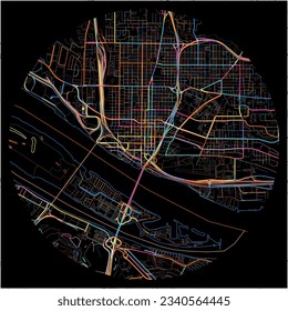 Map of Vancouver, Washington with all major and minor roads, railways and waterways. Colorful line art on black background.