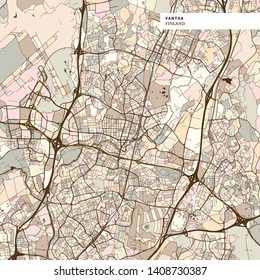 Map of Vantaa Finland, art map print template. Brown colored version for Apps, Print or web backgrounds.
