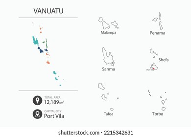 Map of Vanuatu with detailed country map. Map elements of cities, total areas and capital.