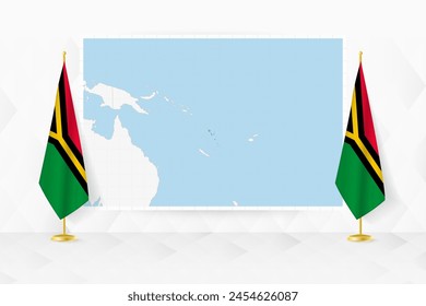 Map of Vanuatu and flags of Vanuatu on flag stand. Vector illustration for diplomacy meeting.