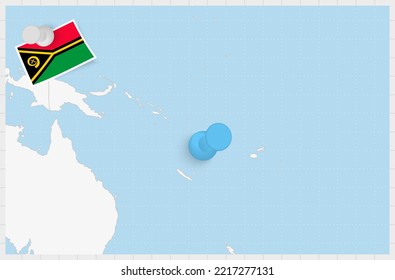 Map of Vanuatu with a pinned blue pin. Pinned flag of Vanuatu, vector illustration.