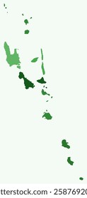 Map of Vanuatu with regions. Just a simple country border map with region division. Green color palette. Blank Republic of Vanuatu shape with administrative division. Vector illustration.