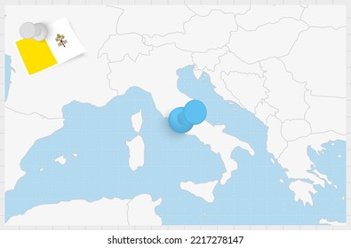 Map of Vatican City with a pinned blue pin. Pinned flag of Vatican City, vector illustration.