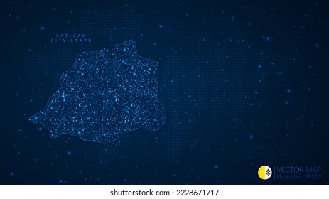 Mapa de diseño moderno del estado de la Ciudad del Vaticano con formas poligonales sobre fondo azul oscuro. Esferas de malla de alambre de negocios a partir de escombros voladores. Concepto de ilustración vectorial de estilo de estructura azul.