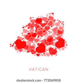 map of Vatican filled with abstract red hearts mosaic of different sizes and degrees of transparency on white background