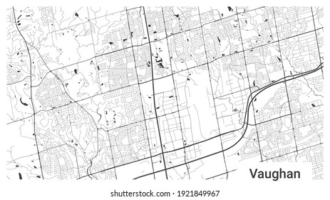 Map of Vaughan city, Ontario, Canada. Horizontal background map poster black and white land, streets and rivers. 1920 1080 proportions. Royalty free grayscale graphic vector illustration.