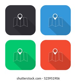 Map vector icon - colored illustration (gray blue green red) with  long shadow