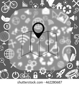 Map vector icon - matte glass button on background consisting  of different icons