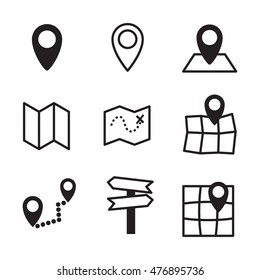 Map vector icons. Simple illustration set of 9 map elements, editable icons, can be used in logo, UI and web design