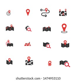 Map vector illustration icon set. Included the icons as pin, nearby, direction, position, ways, navigation and more.