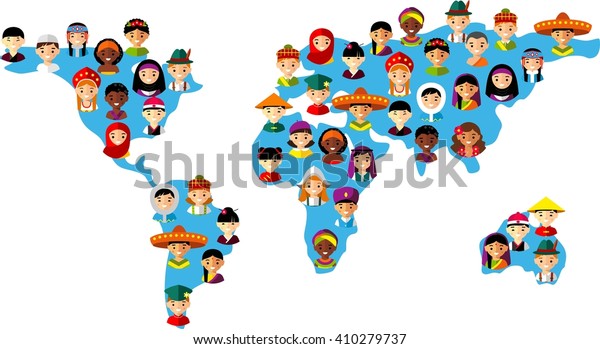 多文化の国民の子どもたち 地球上の人々の地図のベクターイラスト 地図の世界での伝統衣装を着た国際人のセット のベクター画像素材 ロイヤリティフリー