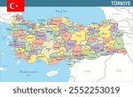 Türkiye Map Vector New 2024 Colorful - Customizable layered political map of Turkey with administrative divisions for website, education, reports, news, politics, print, poster and wallpaper