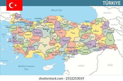 Novo 2024 Colorido - Personalizável em camadas mapa político da Turquia com divisões administrativas para site, educação, relatórios, notícias, política, impressão, cartaz e papel de parede