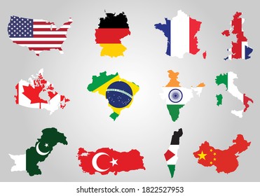 Map vector of World famous countries with their flags inside them. Collage vector illustration of maps