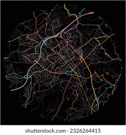 Map of Velbert, North Rhine-Westphalia with all major and minor roads, railways and waterways. Colorful line art on black background.