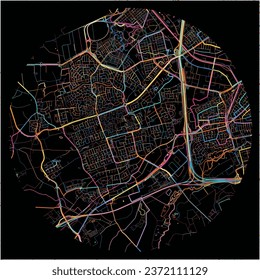 Map of Veldhoven, North Brabant with all major and minor roads, railways and waterways. Colorful line art on black background.