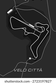 Karte der Velo Città Rennstrecke. Der Track ist in Weiß umrissen, kontrastierend auf dunkelgrauem Hintergrund.