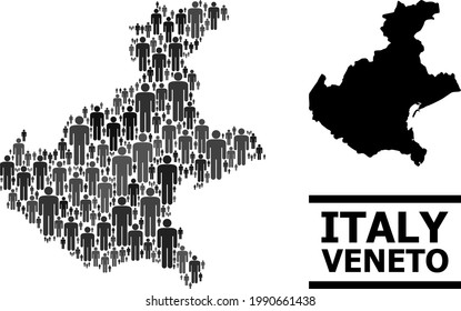 Map of Veneto region for national purposes. Vector nation collage. Concept map of Veneto region composed of man items. Demographic concept in dark grey color variations.