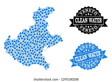 Map of Veneto region vector mosaic and clean water grunge stamp. Map of Veneto region designed with blue aqua drops. Seal with grunge rubber texture for clean drinking water.