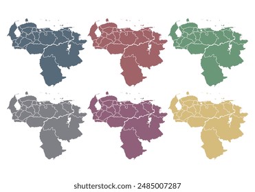 Map of Venezuela colored blue, red, green, gray, purple and yellow