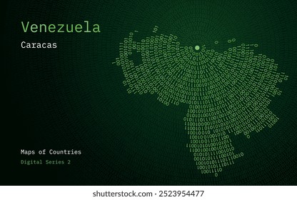 Eine Karte Venezuelas, die in Nullen und Einsen in Form eines Kreises dargestellt ist. Die Hauptstadt Caracas ist in der Mitte des Kreises dargestellt