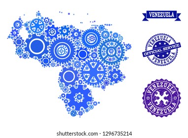Map of Venezuela designed with blue cog components, and isolated rubber stamps for official repair services. Vector abstract mosaic of map of Venezuela with repair symbols in blue color tones.