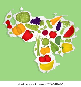 Map of Venezuela full of fruits and vegetables (tomato , apple, orange , eggplant, cabbage, cucumber , broccoli, grapes, arugula, banana, peppers, celery, strawberries, watermelon, carrot). 