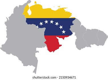 Map of Venezuela with national flag within the gray map of the northern region of South America