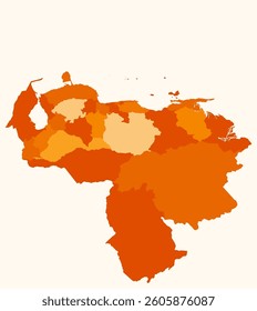 Map of Venezuela with regions. Just a simple country border map with region division. Orange color palette. Plain Venezuela shape with administrative division. Vector illustration.