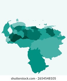 Map of Venezuela with regions. Just a simple country border map with region division. Teal color palette. Plain Venezuela shape with administrative division. Vector illustration.