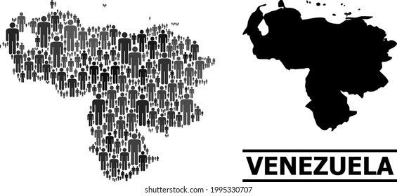 Map of Venezuela for social projects. Vector demographics collage. Collage map of Venezuela composed of human pictograms. Demographic concept in dark gray color hues.