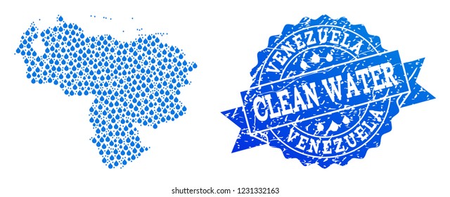 Map of Venezuela vector mosaic and clean water grunge stamp. Map of Venezuela created with blue water dews. Seal with corroded rubber texture for pure drinking water.