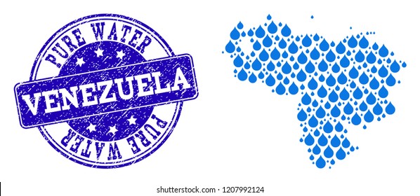 Map of Venezuela vector mosaic and Pure Water grunge stamp. Map of Venezuela created with blue water raindrops. Seal with grunge rubber texture for natural drinking water.