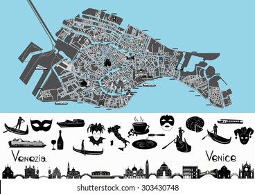 Map of Venice with illustrations of main landmark and symbols of it.