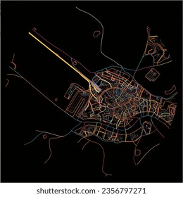 Map of Venice, Veneto with all major and minor roads, railways and waterways. Colorful line art on black background.