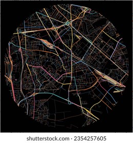 Map of Venissieux, Rhône with all major and minor roads, railways and waterways. Colorful line art on black background.