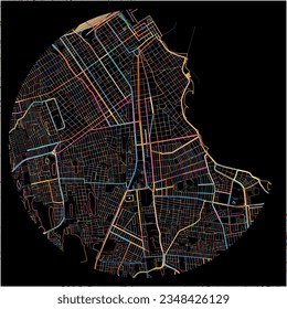 Map of Veracruz, Veracruz with all major and minor roads, railways and waterways. Colorful line art on black background.